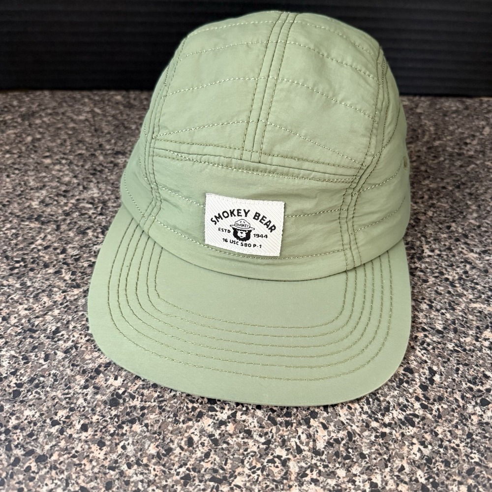 Smokey Bear Hat Cap Strap Back Olive Green Quilted 5 Panel Insulated Adjustable